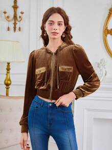 SHEIN MOD Túi có nắp Dây kéo áo có mũ Nhung Áo khoác - màu nâu - Xem 4
