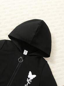 SHEIN Áo hoodie in hình bướm trẻ trung & áo có dây kéo & quần bó sát - màu đen - Xem 6