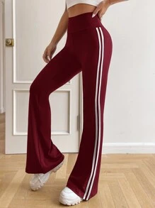 SHEIN EZwear 條紋圖案側喇叭褲 - 酒紅色 - 查看 3