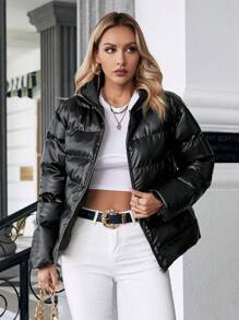 SHEIN Essnce 拉链连帽 PU 皮革加厚棉服 冬季 - 黑色 - 查看 3