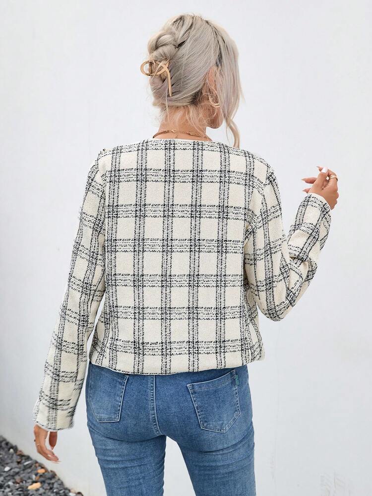 Plaid Print Bow Front Open Front Tweed Jacket