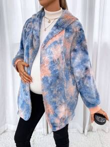 SHEIN Maternity Tie Dye Open Front Teddy Coat, For Winter - Multicolor - View 1