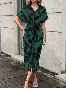 SHEIN Privé 樹葉印花蝙蝠袖腰帶襯衫洋裝