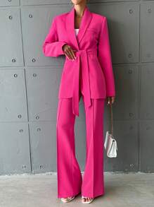 EURMUSE Shawl Collar Belted Blazer & Flare Leg Pants - Hot Pink - View 1