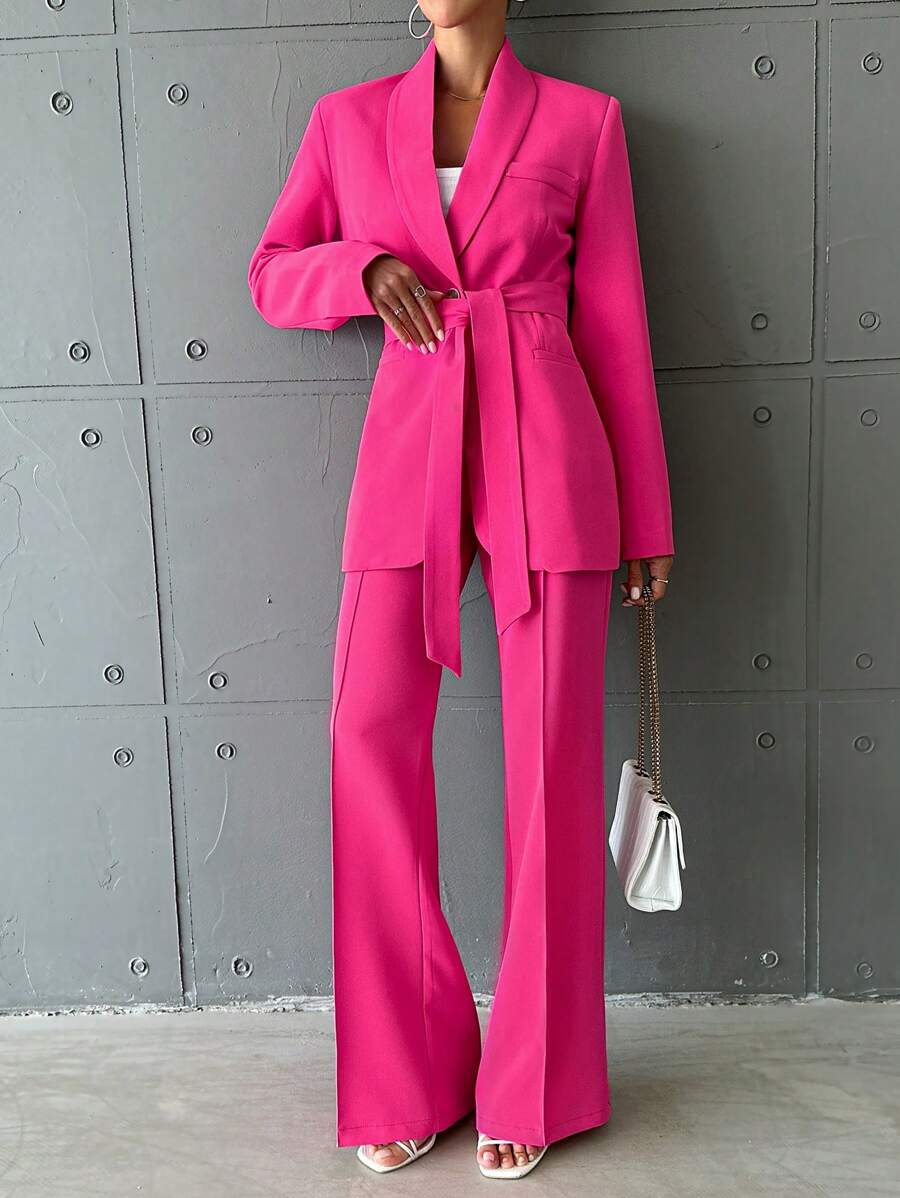 EURMUSE Shawl Collar Belted Blazer & Flare Leg Pants - Hot Pink - View 1