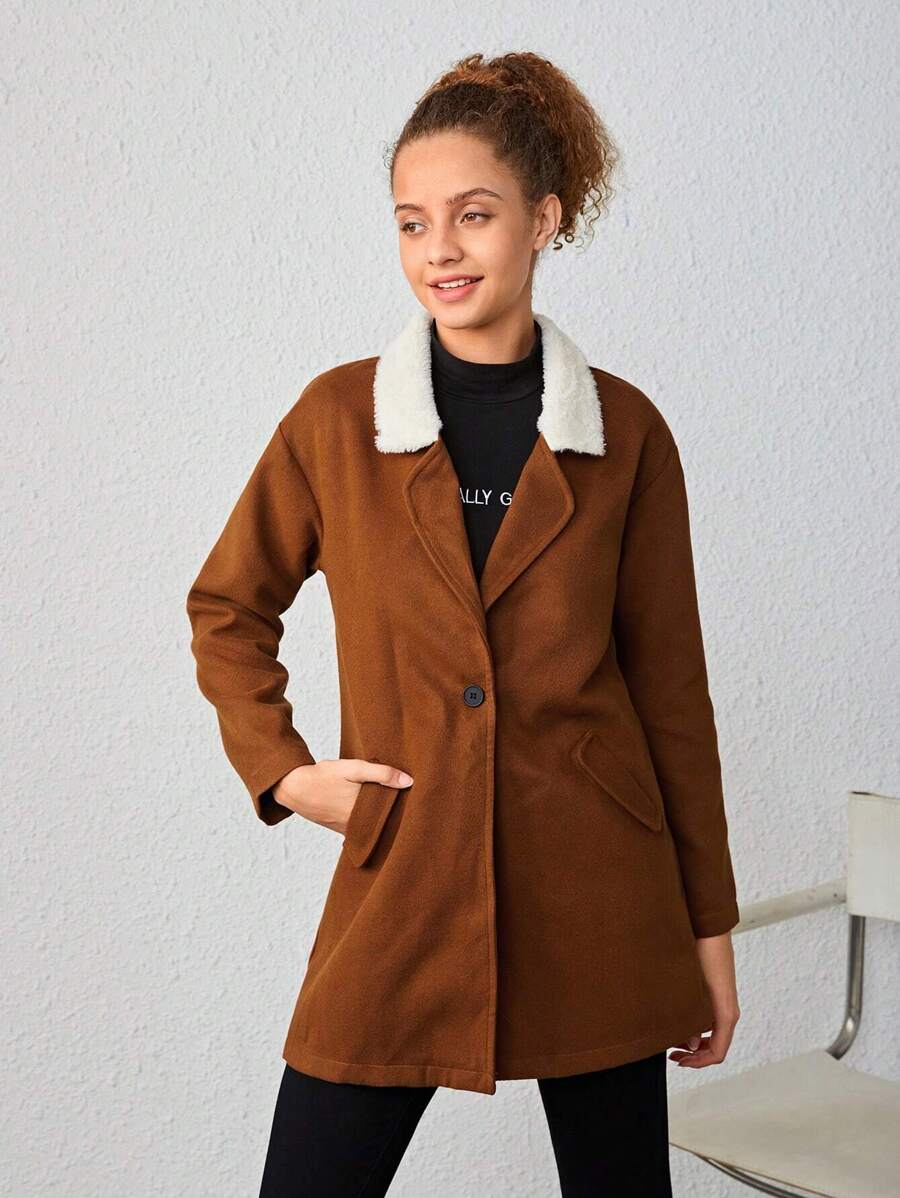 Teen Girl Lapel Neck Single Button Overcoat - Brown - View 1