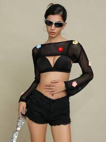 SHEIN Unity 1件贴花细节镂空针织超短款套头衫秋冬毛衣 - 黑色 - 查看 6