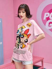 The Powerpuff Girls | ROMWE 卡通图案 T 恤，学校 - 粉色 - 查看 4