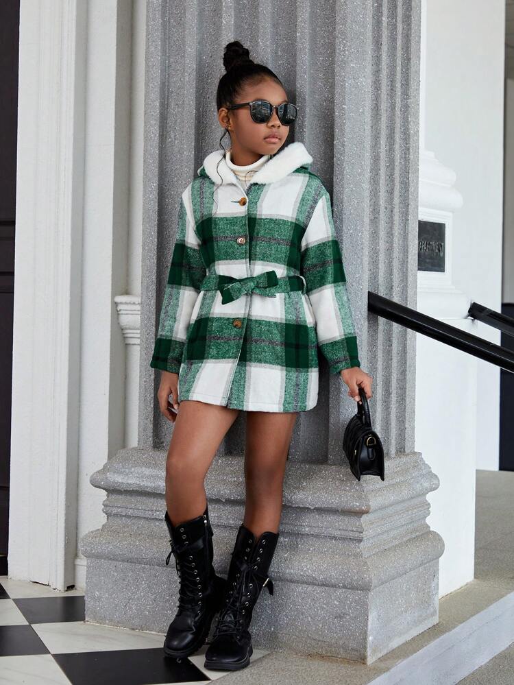 Tween Girl Plaid Print Teddy Lined Hooded Overcoat