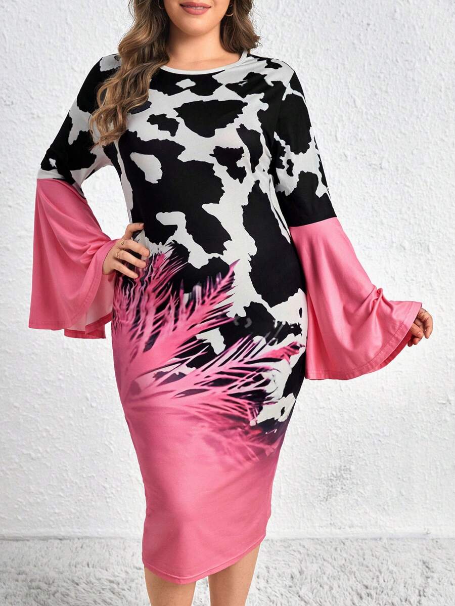 Celure 大碼圖案印花喇叭袖洋裝 - 粉色 - 查看 1