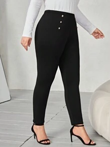 SHEIN Clasi 大碼紐扣細節緊身打底褲 - 黑色 - 查看 3