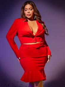 SHEIN SXY Plus Lapel Neck Crop Blazer & Mermaid Hem Skirt