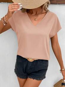SHEIN Frenchy 素色蝙蝠袖V領襯衫