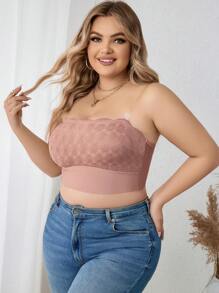 Plus Size Dusty Pink Plain Scallop Contrast Lace Strapless Bra Top For Women Medium Stretch Fabric - Dusty Pink - View 1