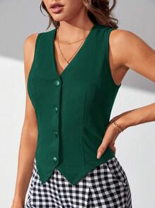 SHEIN Tall Chaleco con botones delanteros sólido para otoño/invierno - Verde Oscuro - Ver 5