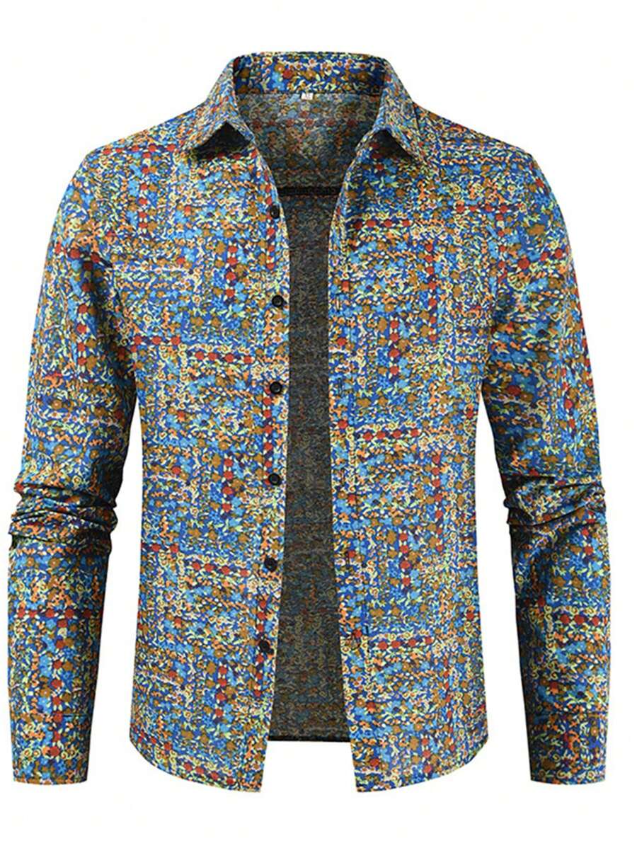 Men Allover Print Button Up Shirt - Blue - View 1