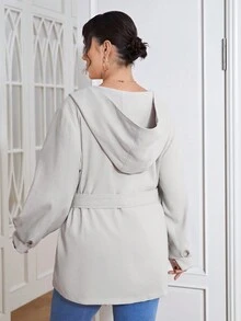 SHEIN Essnce Plus Áo khoác có mũ trùm đầu phía trước có nút chắc chắn - Màu be - Xem 2