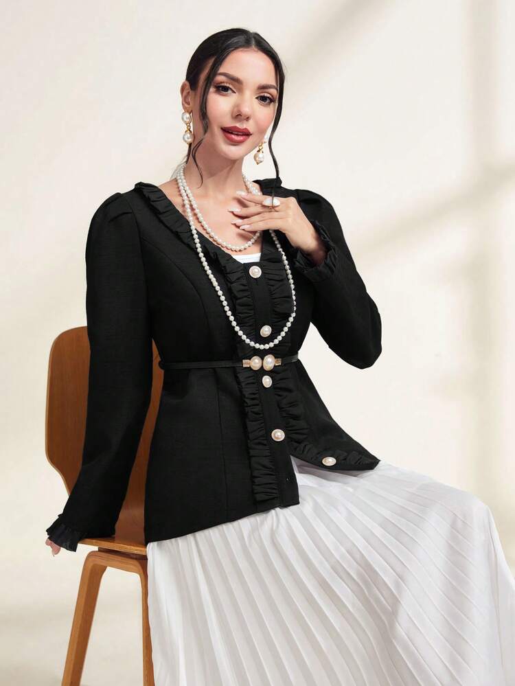 Frill Trim Button Front Coat Without Belt Fall Cloth For Women