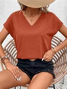 SHEIN Frenchy Women Metal V Neck Metallic Blouse,Short Sleeve Tops