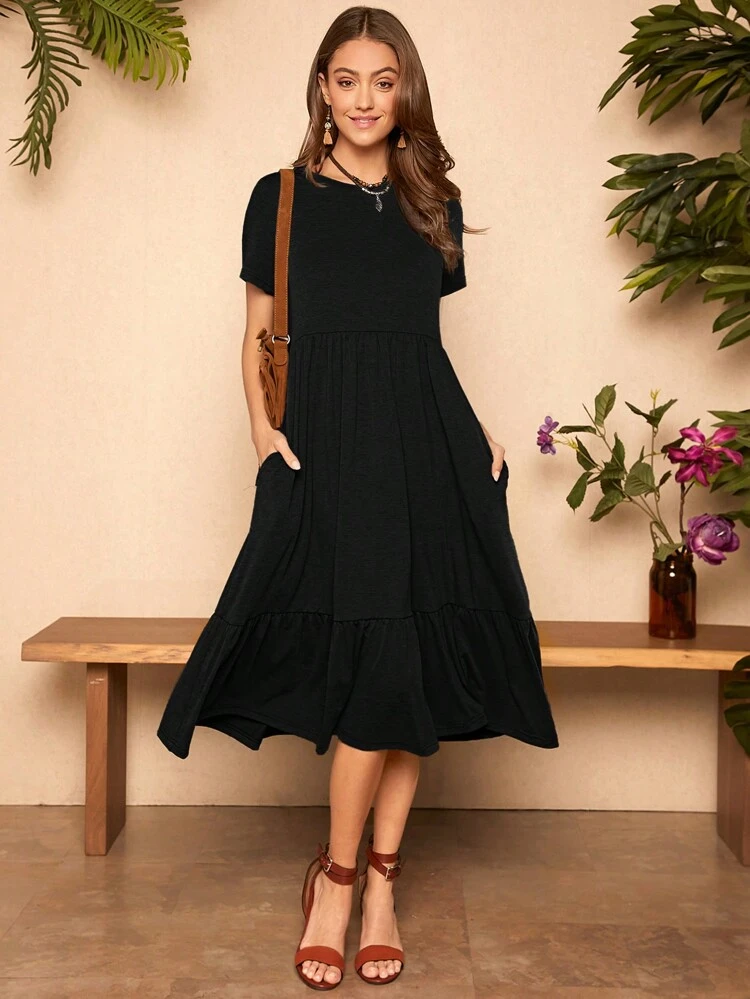 Solid Ruffle Hem Smock Dress, Casual For Summer