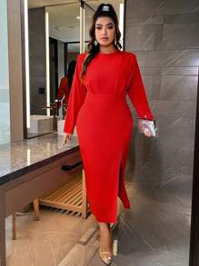 SHEIN Unity Plus Christmas Solid Split Thigh Dress - Red - View 4