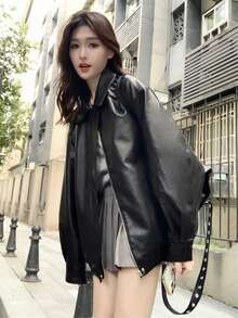 女式黑色仿皮夹克，韩版2025新款宽松翻领长袖机车夹克，秋季