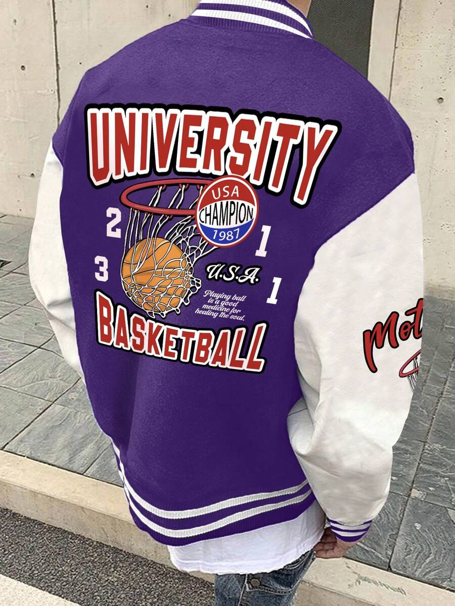 Manfinity EMRG 鬆身男士籃球和字母圖案的兩色挑戰者夾克,不包含t恤 - 彩色 - 查看 1