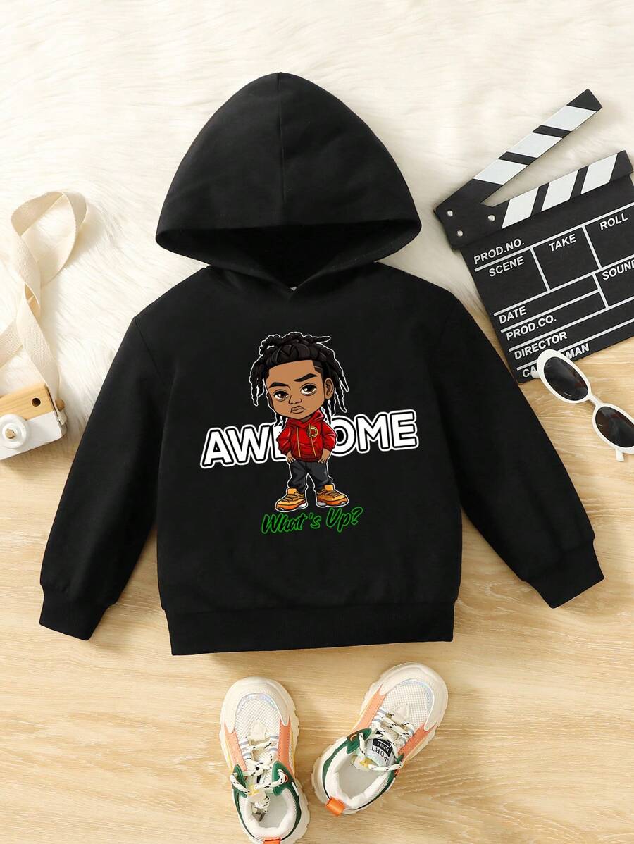 SHEIN 男孩休閒簡約印花長袖衛衣，適合秋冬季節穿著