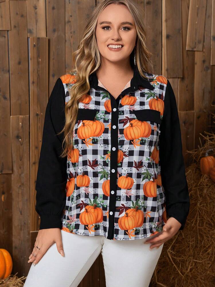 Plus Pumpkin & Plaid Print Button Front Shirt