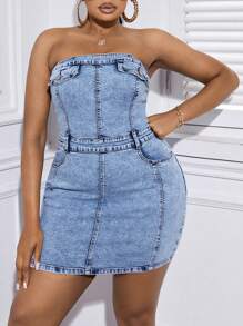 SHEIN Essnce Plus Flap Detail Tube Denim Dress - Light Wash - View 2