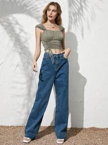 SHEIN Unity Ruched Bust Drawstring Front Crop Top - Olive Green - View 5