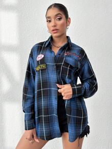 SHEIN Unity 格紋印花字母補丁細節落肩袖外套 - 彩色 - 查看 1