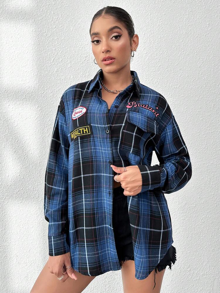 Plaid Print Letter Patched Detail Drop Shoulder Coat Fall Cloth For Women