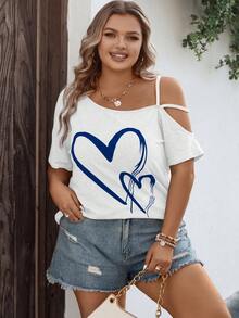 SHEIN LUNE 大碼心形印花不對稱領T恤 - 寶藍色 - 查看 4