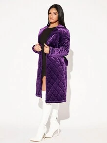 SHEIN SXY Lapel Neck Belted Quilted Velvet Coat - Purple - View 3