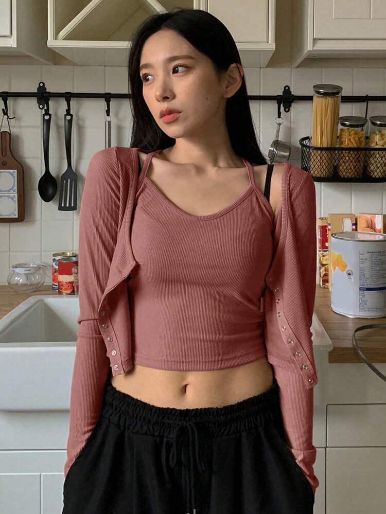 Solid Button Front Crop Tee & Halter Top,Fall Clothes Long Sleeve Women Tops