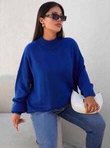 EURMUSE Suéter de cuello alto con hombros caídos talla grande, para invierno - Azul - Ver 4