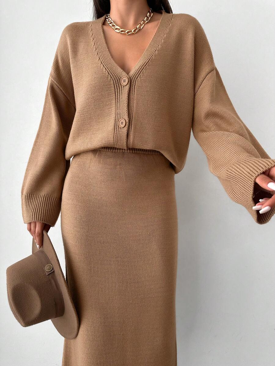 Drop Shoulder Cardigan & Knit Skirt Without Belt - Khaki - View 1