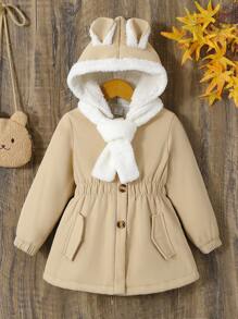 SHEIN Conjunto de otoño-invierno para niña con chaqueta polar caqui/marrón, bonito gorro de orejas de conejito peludo blanco, bufanda blanca informal elegante y abrigo estilo chaleco con botón, ideal para exteriores y vacaciones - Albaricoque - Ver 1