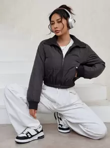 Flirla Zip Up Crop Padded Padded Coat For Winter Clothes