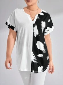 SHEIN LUNE Talla grande Camiseta con estampado de pincelada de manga murciélago - Blanco y Negro - Ver 4