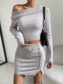 Chiquease Foldover Asymmetrical Shoulder Crop Sweater & Button Detail Knit Skirt - Grey - View 2