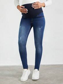 SHEIN Cottnline جينز نحيل ممزق شريط خصر واسع للأمومة - الأزرق - مشاهدة 1
