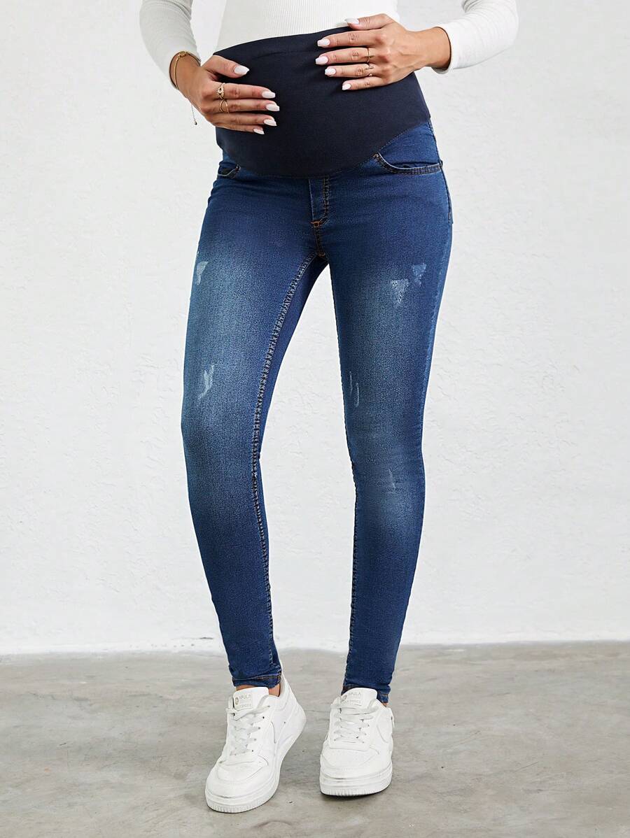 SHEIN Cottnline جينز نحيل ممزق شريط خصر واسع للأمومة - الأزرق - مشاهدة 1