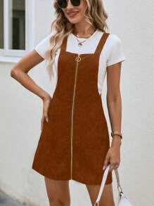 SHEIN LUNE Dây kéo Vải to sợi Đầm Tổng thể Without Tee - Rỉ Nâu - Xem 6