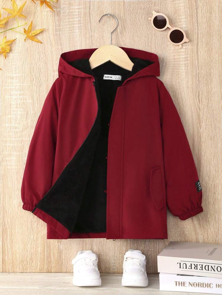 Young Boy Letter Patched Detail Teddy Lined Hooded Coat Without Tee