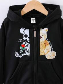 SHEIN Jonge jongen beer en slogan grafische hoodie met rits
