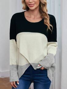 SHEIN LUNE Colorblock Wrap Hem Drop Shoulder Sweater - Multicolor - View 5