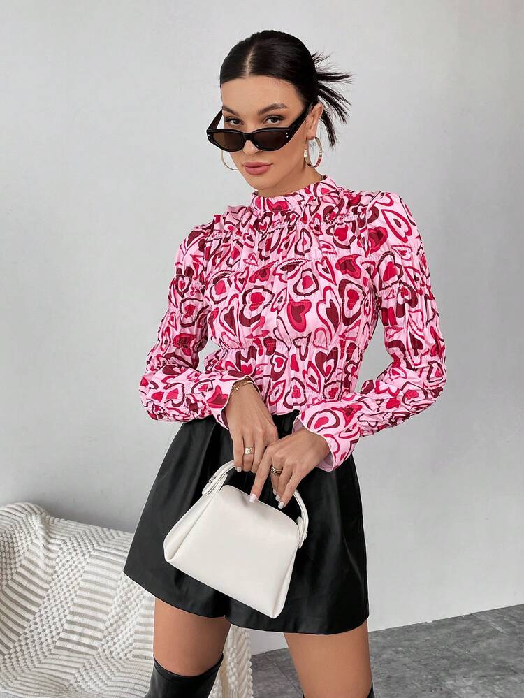 Heart Print Mock Neck Blouse