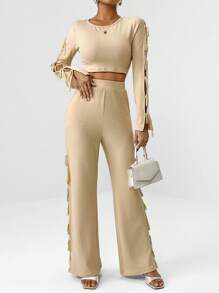 SHEIN Privé Solid Crop Tee & Flare Leg Pants - Apricot - View 5